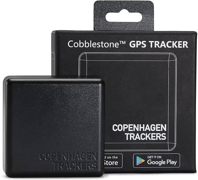Cobblestone GPS Tracker - Made in Dänemark, € 0 / Monat, Keine SIM Kosten, 4-6 Jahre Laufzeit ohne Aufladung, Wasserdicht GPS, Kostenlos APP, GPS Tracker für Auto, Fahrrad usw. Schwarz