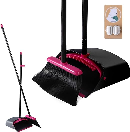 BEI & HONG Besen und Kehrschaufel Set, Kehrschaufel mit 90.5/126cm langem Griff, aufrechtes Kehrschaufelset mit 5 Edelstahlstangen / 4 Lagen Besen / 1 Bürstenhalter für Haus, Büro, Lobbykehr