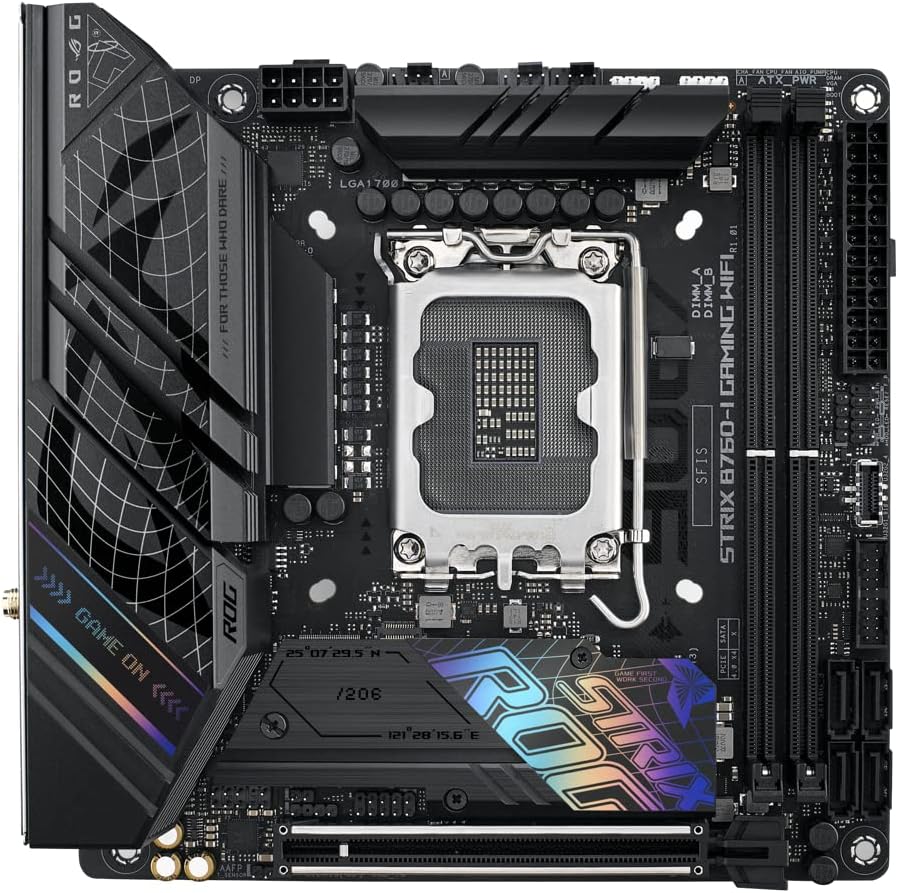 ASUS ROG STRIX B760-I GAMING WIFI - Motherboard - Mini-ITX - LGA1700-Sockel - B760 Chipsatz - USB 3.2 Gen 1, USB-C 3.2 Gen2, USB-C 3.2 Gen 2x2, USB-C 3.2 Gen 1 - 2.5 Gigabit LAN, Bluetooth, Wi-Fi - Onboard-Grafik (CPU erforderlich)