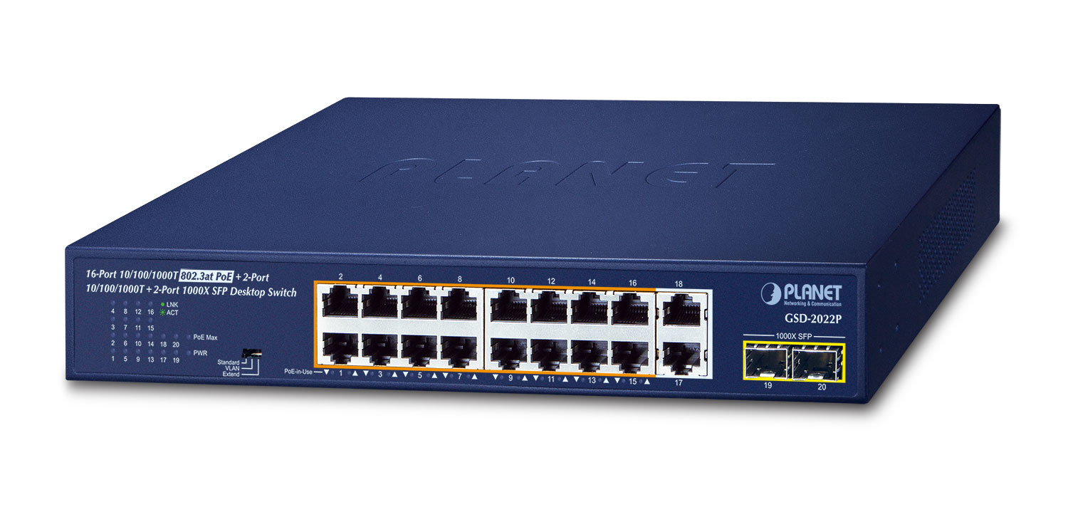 PLANET 16-Port 10/100/1000T 802.3at Unmanaged Gigabit Ethernet (10/100/1000) Power over Ethernet (PoE) Blau