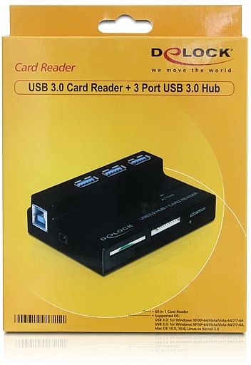Delock USB 3.0 Card Reader All in 1 + 3 Port USB 3.0 Hub - Kartenleser - All-in-one (Multi-Format)