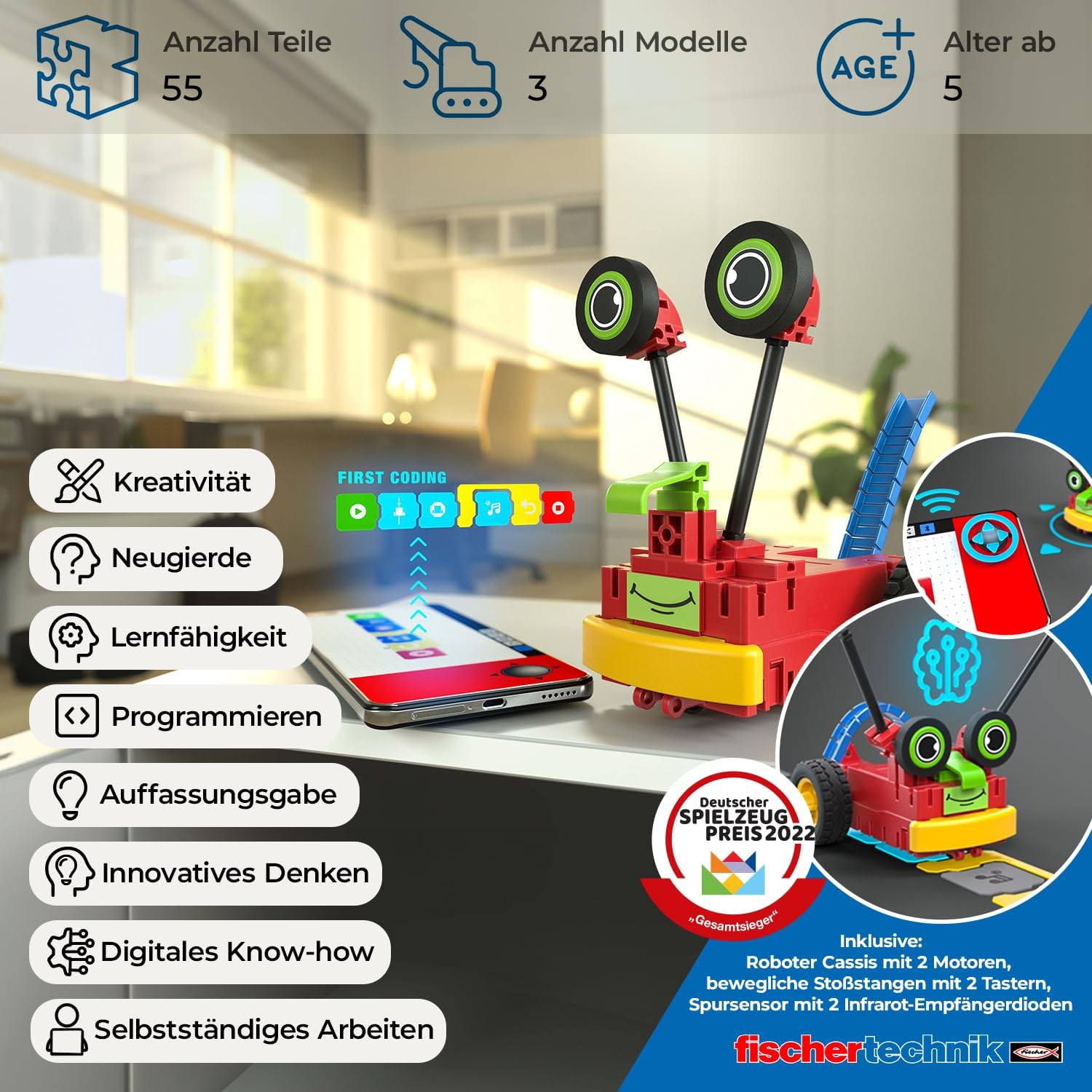 fischertechnik 559889 ROBOTICS – Early Coding, Bausatz für Kinder ab 5 Jahren, Experimentierkasten für 3 Roboter Modelle, zum Bauen & Programmieren, mit Motoren & Sensoren fischertechnik 559889 ROBOTICS – Early Coding, Bausatz für Kinder ab 5 Jahren, Experimentierkasten für 3 Roboter Modelle, zum Bauen & Programmieren, mit Motoren & Sensoren