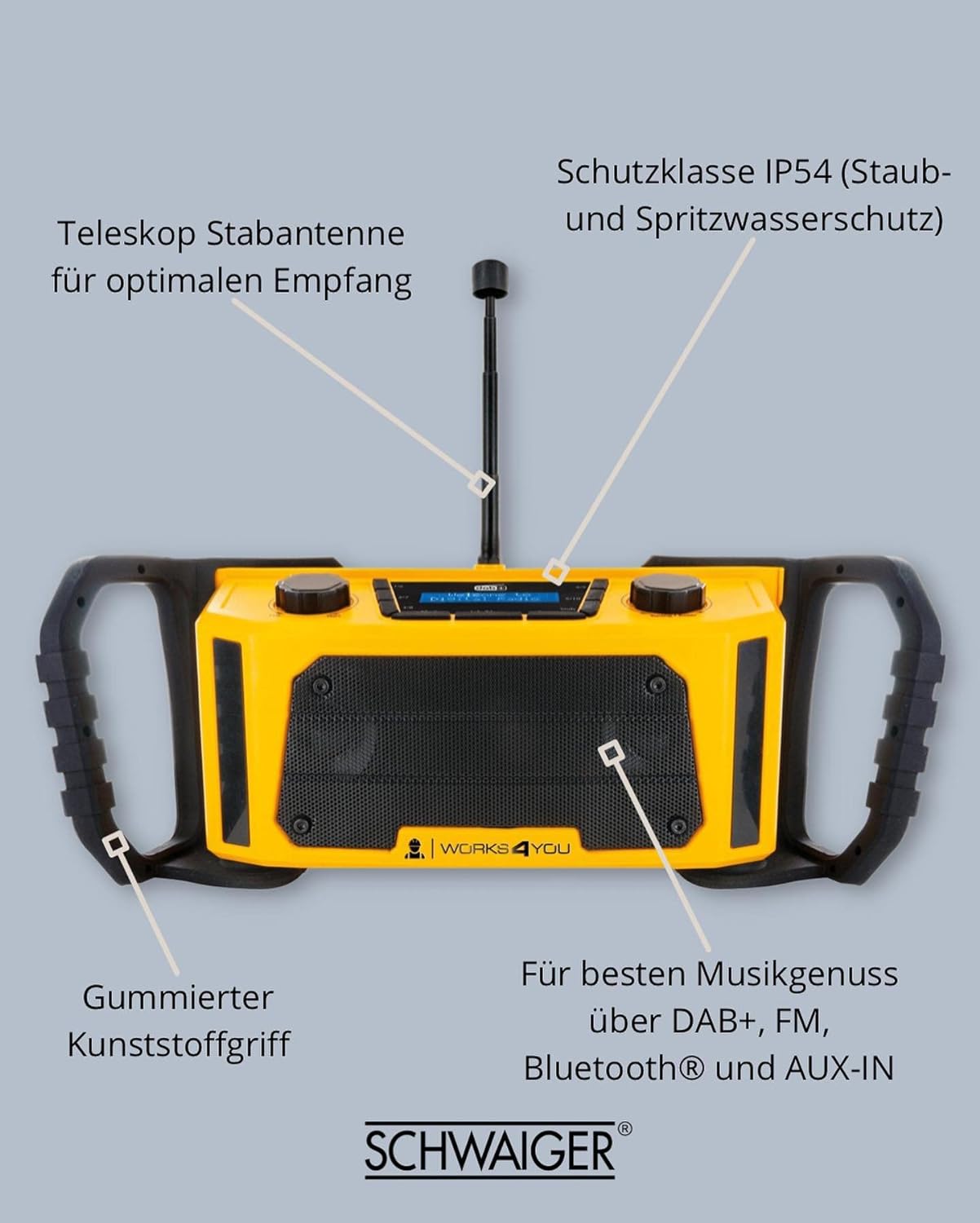 SCHWAIGER DABWORK 513 Baustellen-Radio Werkstattradio Robustes Radio Digitalradio DAB+ FM AUX Wecker IPX4 LCD-Display Senderspeicher schwarz gelb SCHWAIGER DABWORK 513 Baustellen-Radio Werkstattradio Robustes Radio Digitalradio DAB+ FM AUX Wecker IPX4 LCD-Display Senderspeicher schwarz gelb