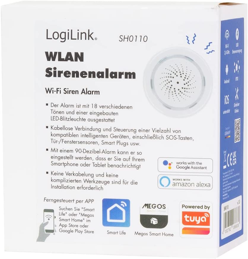 LogiLink SH0110 - Wi-Fi Smart Home Alarmsirene (90db), über App steuerbar, IP20, Tuya kompatibel, unterstützt Amazon Alexa und Google Home