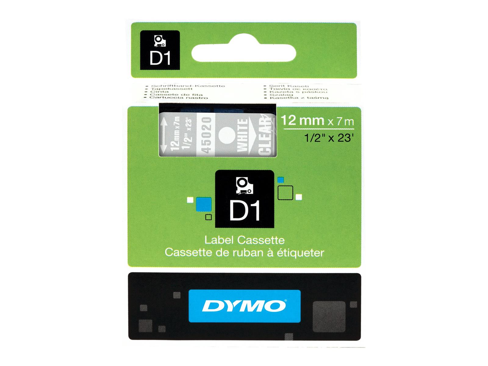 DYMO D1 - Standardetiketten - Weiß auf Transparent - 12mm x 7m