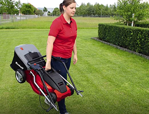 Einhell Elektro Rasenmäher GC-EM 1536 (1.500W, 36cm Schnittbr., 38L Fangbox, 25-65mm Schnitth., klappb. Führungsholm, leicht und robust) Schwarz, Rot