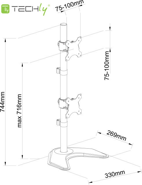 Techly Aufstellung - für 2 LCD-Displays - Schwarz - Bildschirmgröße: 33-68.6 cm (13"-27")
