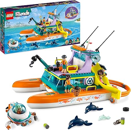 LEGO 41734 Friends Seerettungsboot Tierrettungs-Spielzeug Set mit Delfin-Tier-Figuren und U-Boot, Öko-Lernset, Spielzeug-Geschenk für Kinder, Mädchen und Jungen ab 7 Jahren