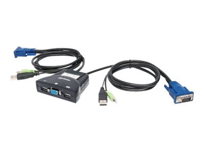 Manhattan KVM Switch Mini 2-Port, 2x USB-A, Cables included, Audio Support, Control 2x computers from one pc/mouse/screen, Black, Lifetime Warranty, Boxed
