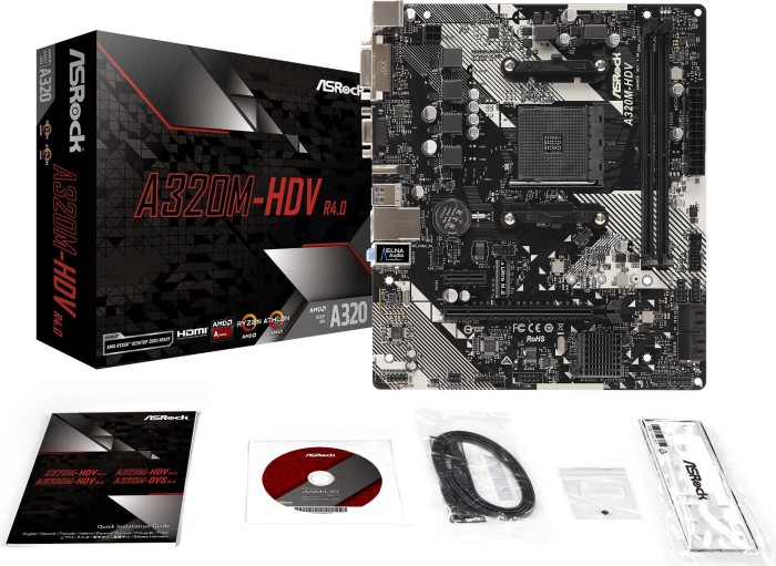 ASRock A320M-HDV R4.0 - Motherboard - micro ATX - Socket AM4 - AMD A320 Chipsatz - USB 3.1 Gen 1 - Gigabit LAN - Onboard-Grafik (CPU erforderlich) ASRock A320M-HDV R4.0 - Motherboard - micro ATX - Socket AM4 - AMD A320 Chipsatz - USB 3.1 Gen 1 - Gigabit LAN - Onboard-Grafik (CPU erforderlich)