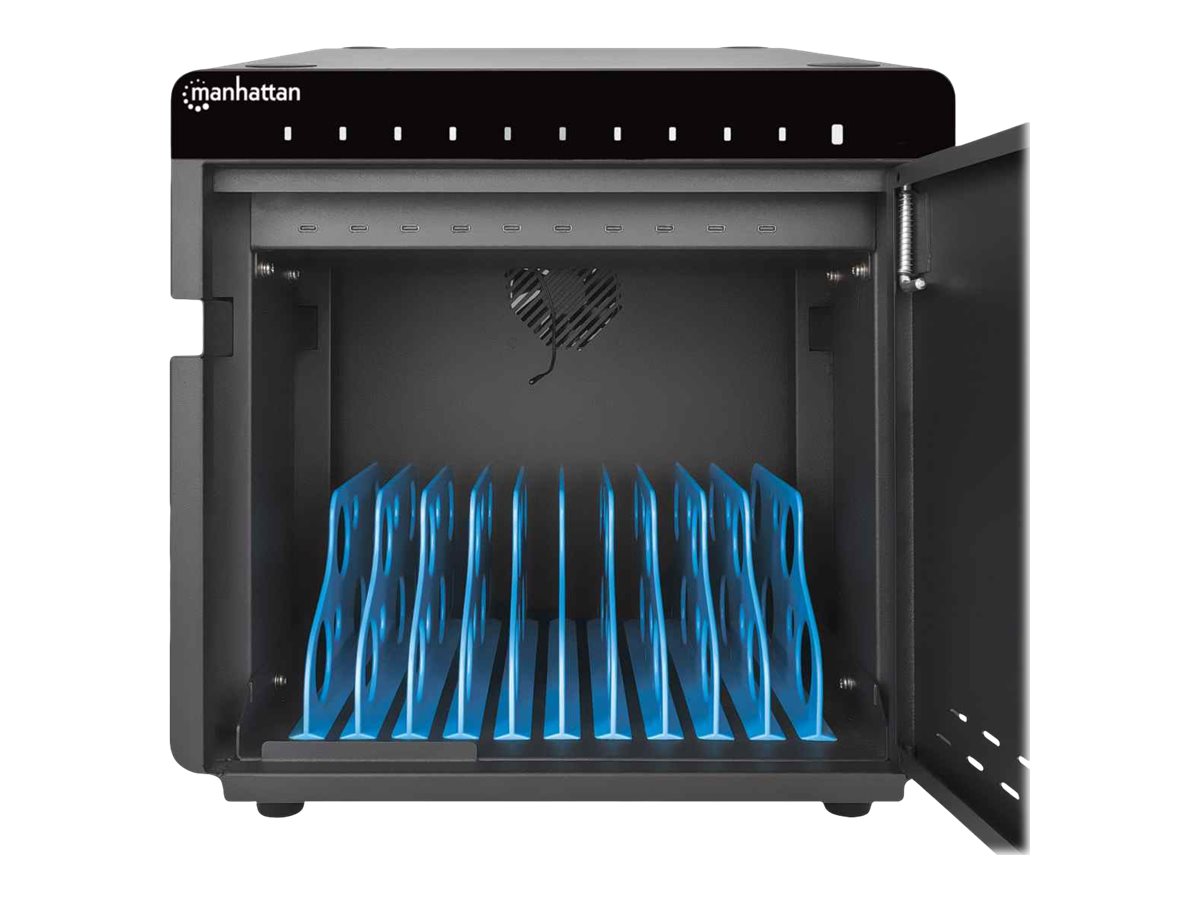Manhattan 10-Port Ladeschrank 180 W, 10 USB-C PD-Ports, geräumige Fächer für Handys und Tablets, 180 W gesamt, bis zu 3 A/18 W pro Port, abschließbar, Überspannungsschutz, leiser Lüfter, Metallgehäuse, schwarz