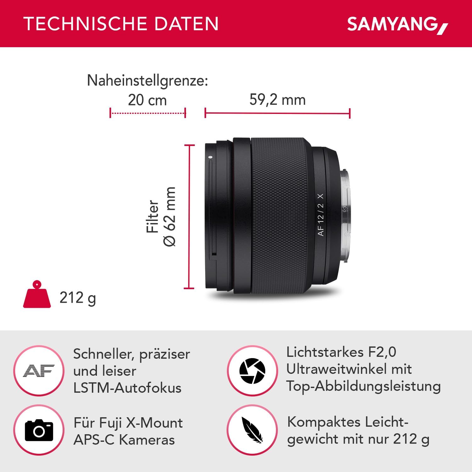 Samyang AF 12mm F2,0 Fuji X Objektiv - Autofokus Ultra Weitwinkel Festbrennweite für Fujifilm X-Mount APS-C lichtstark für Fuji X Mount Kameras X-T4 T3 X-T30 X-T20 X-E4 XE3 X-Pro 3 X-H1 Wetterschutz