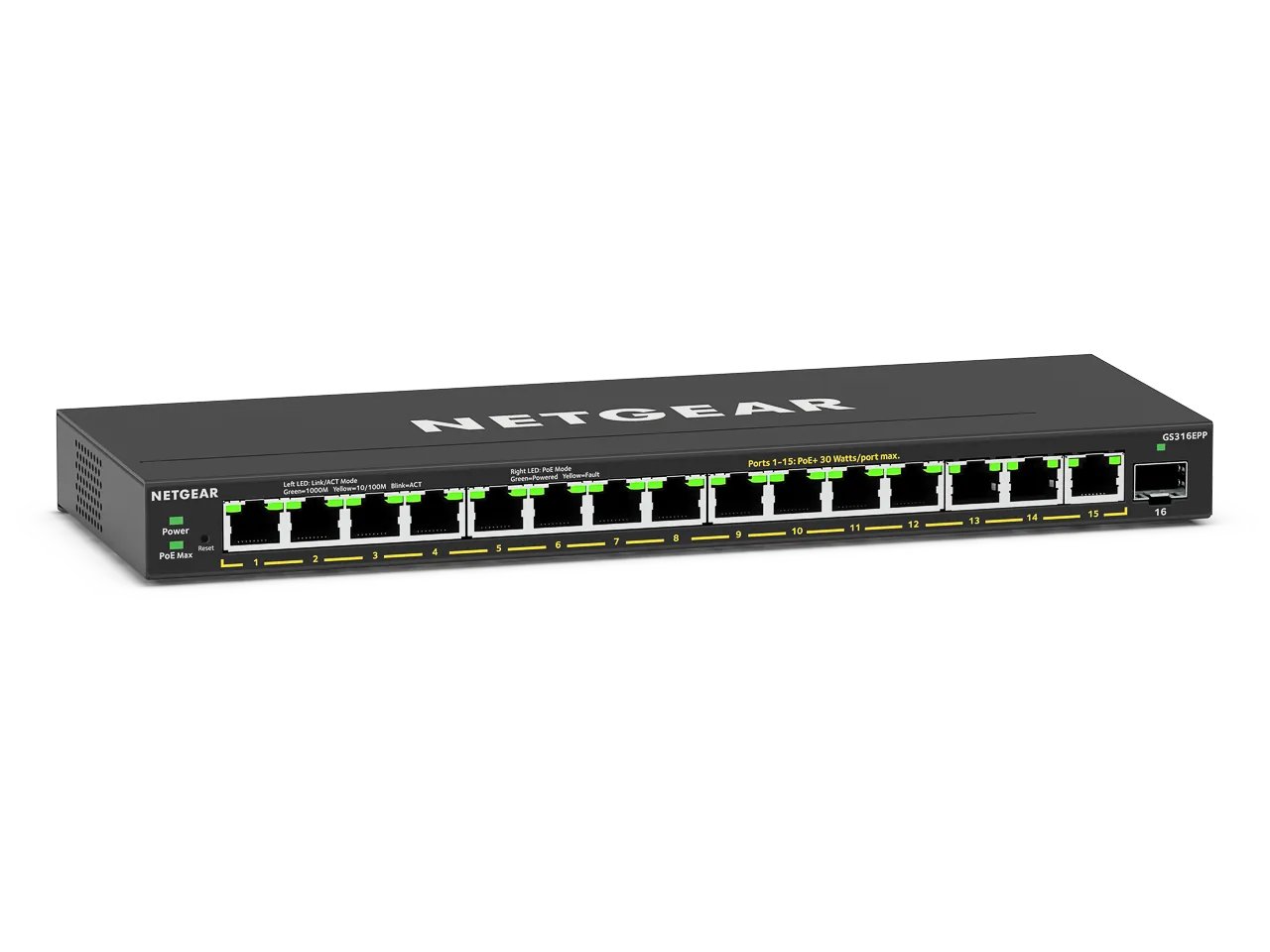NETGEAR 16-Port High-Power PoE+ Gigabit Ethernet Plus Switch (231W) with 1 SFP port (GS316EPP) Managed Gigabit Ethernet (10/100/1000) Power over Ethernet (PoE) Schwarz