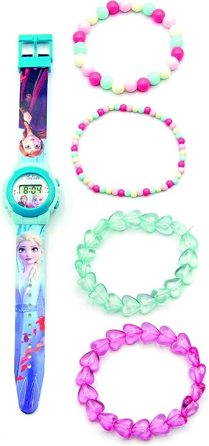 Disney Frozen 2 / Die Eiskönigin 2 - LCD Uhr mit 4 Perlenarmbändern