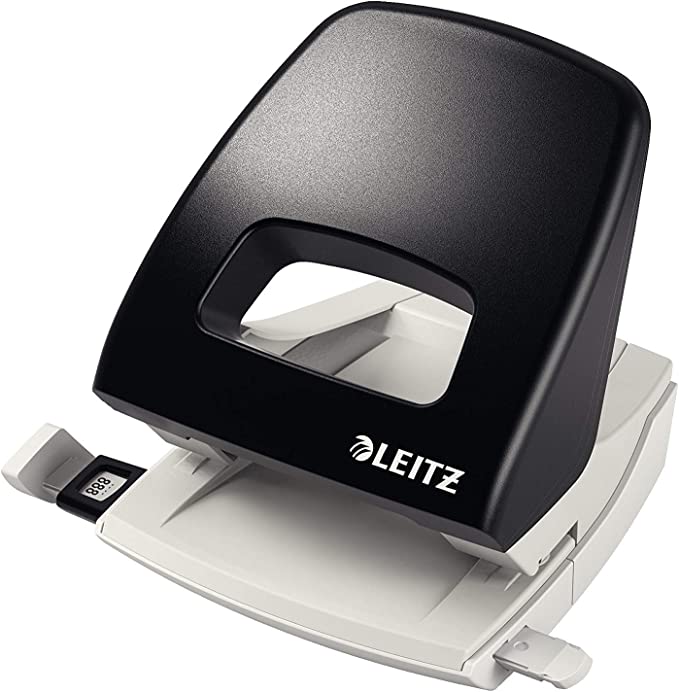 Leitz Büro Locher aus Metall, Für 25 Blatt, Anschlagschiene mit Formatangaben, Ergonomisches Design, schwarz, NeXXt-Serie, 50050095