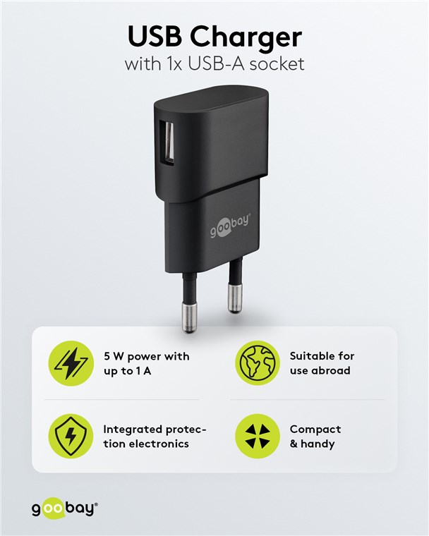 USB-A Ladegerät (5 W) schwarz USB-A Ladegerät (5 W) schwarz