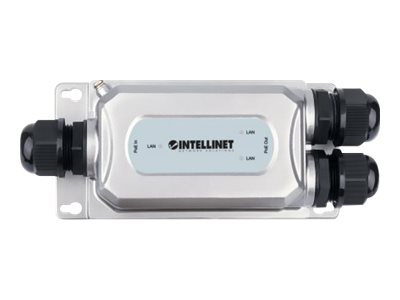 Intellinet 2-Port Outdoor Gigabit Ultra PoE Extender mit Vandalismusschutz, Zwei 30 W-Ports, verlängert PoE-Reichweite um 100 m, 60 W PoE-Strombudget, IEEE 802.3bt/at/af-konform, IP67 wasserdicht, IK10 vandalismusgeschützt, Metallgehäuse