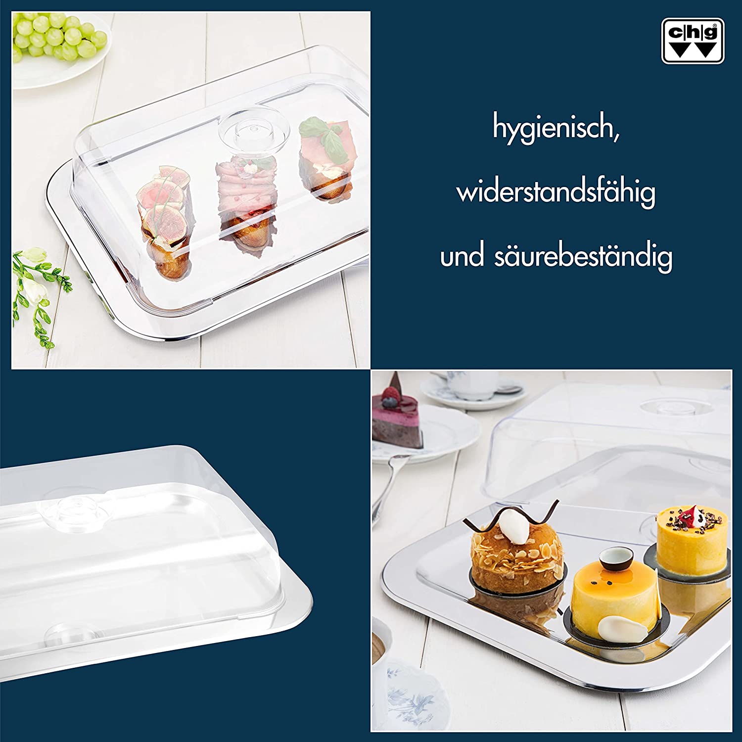 c|h|g Schlemmerplatte mit Frischhaltehaube, 42 x 31 x 8.5 cm, rostfreier Edelstahl, SET 691AMAZ-56