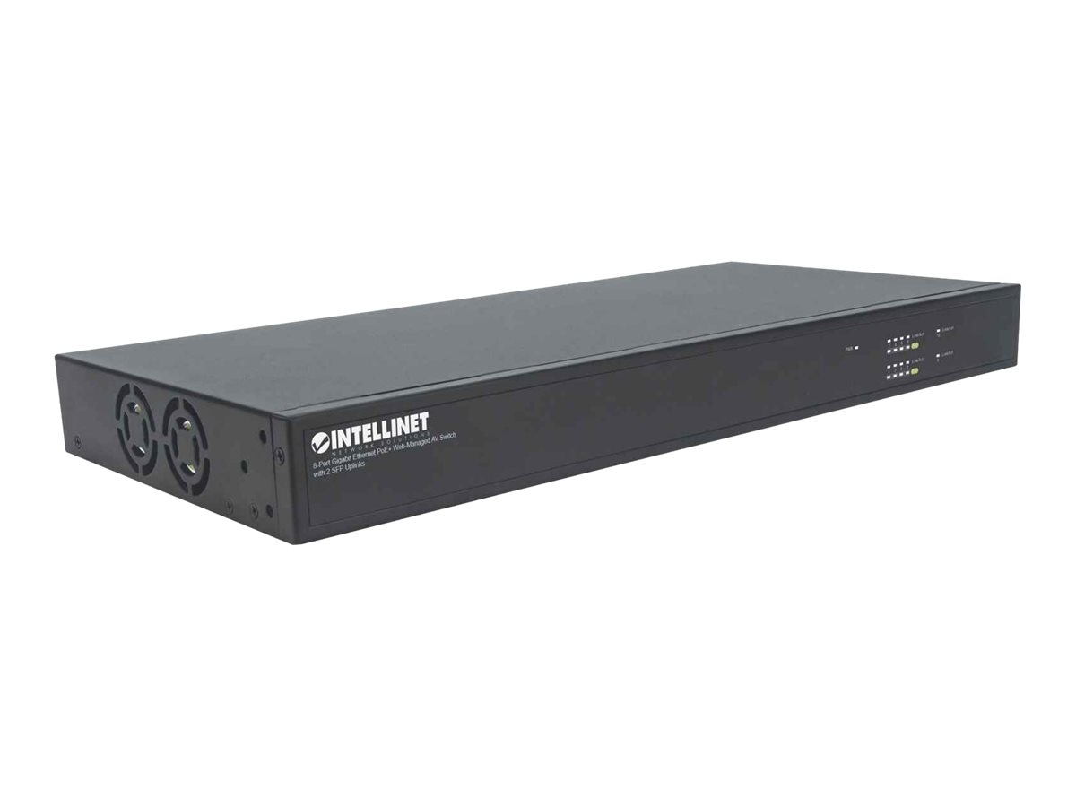 Intellinet 8-Port Gigabit Ethernet PoE+ Web-Managed AV Switch with 2 SFP Uplinks, Eight Rear-Facing PoE+ ports, IEEE 802.3at Power over Ethernet (PoE+)