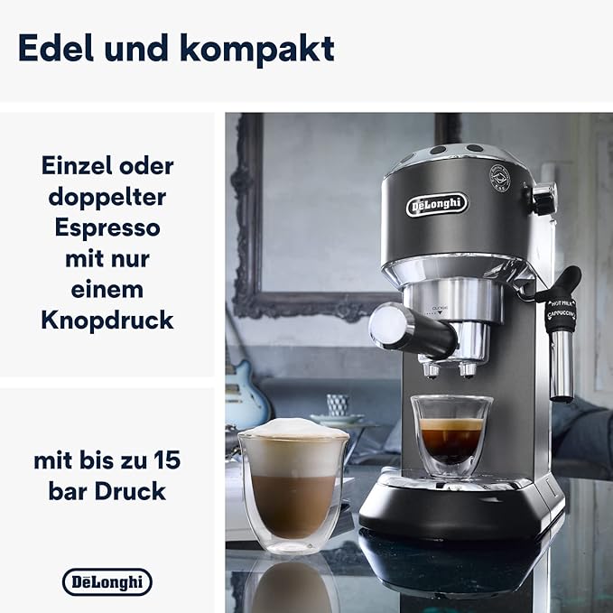 De'Longhi Dedica Style EC 685.B – Espresso Siebträgermaschine, Espressomaschine mit professionellem Milchaufschäumer, nur 15 cm breit, für Kaffeepulver oder ESE Pads, 1 l Wassertank, schwarz