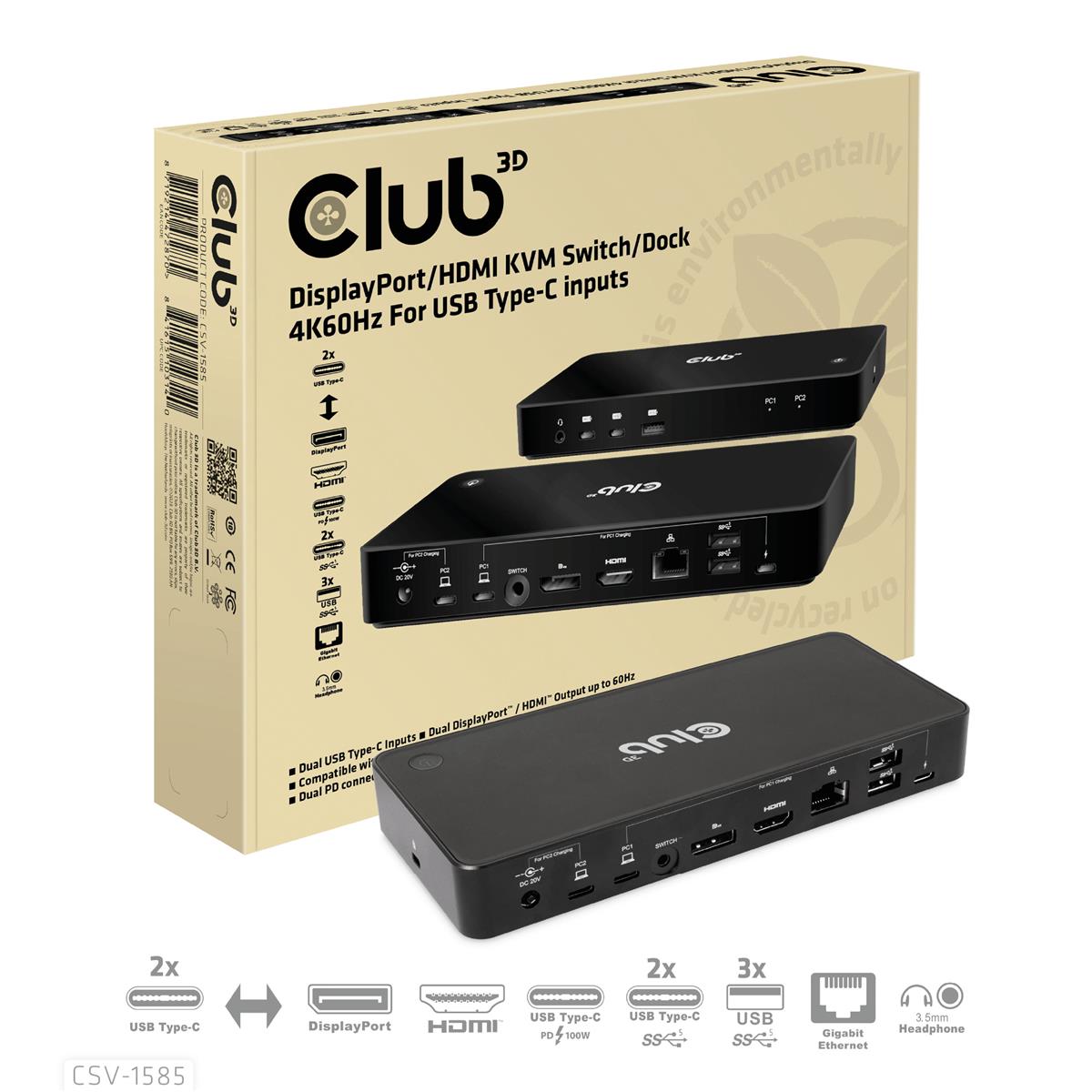 CLUB3D DisplayPort™/HDMI™ KVM Switch/Dock 4K60Hz für USB Typ-C Eingänge