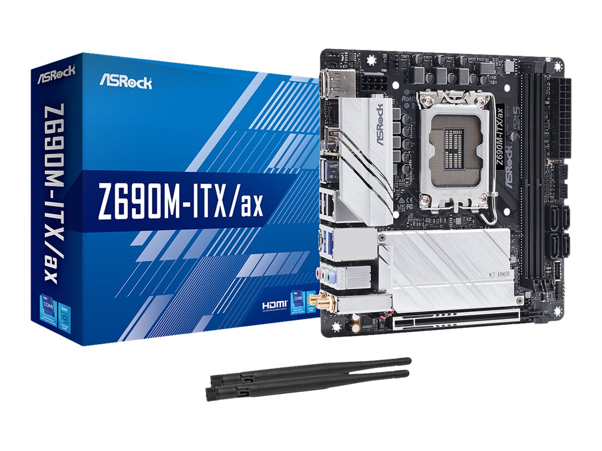 ASRock Z690M-ITX/AX - Motherboard - Mini-ITX - LGA1700-Sockel - Z690 Chipsatz - USB 3.2 Gen 1, USB 3.2 Gen 2, USB-C Gen 2x2 - Bluetooth, Gigabit LAN, 2.5 Gigabit LAN, Wi-Fi - Onboard-Grafik (CPU erforderlich)