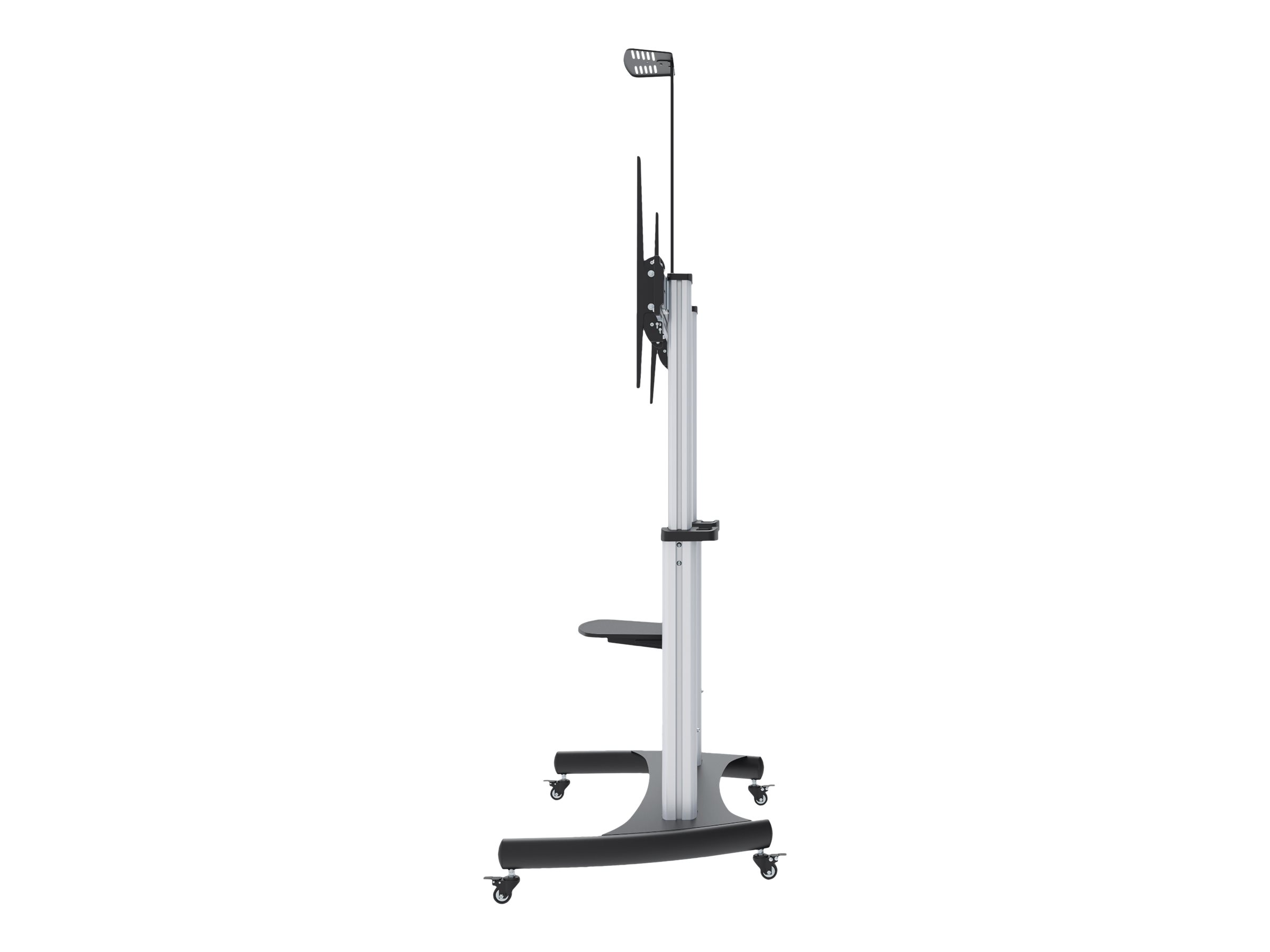 Manhattan Premium Multimedia TV-Ständer auf Rollen mit besonders hoher Traglast , Aluminiumkonstruktion, für Bildschirme von 60" bis 100" und bis zu 100 kg, -10 bis 5Â° neigbar, höhenverstellbar, Fachböden für Kamera und AV-Zubehör, silber und schwarz