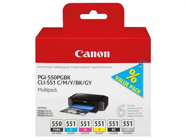 Canon PGI-550/CLI-551 PGBK/C/M/Y/BK/GY Multipack mit 6 Tinten