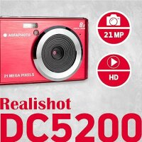 AGFA Photo Realishot DC5200 - Kompaktes Digitalkamera, 21MP, 2,4” LCD-Bildschirm, 8X Digitalzoom, HD 720p Video, Lithiumbatterie, SD-Karten, Szenenmodi - Rot