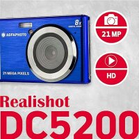 AGFA Photo Realishot DC5200 - Kompaktes Digitalkamera, 21MP, 2,4” LCD-Bildschirm, 8X Digitalzoom, HD 720p Video, Lithiumbatterie, SD-Karten, Szenenmodi - Blau