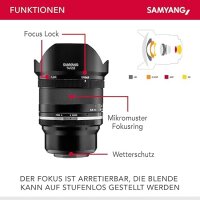 Samyang MF 14mm F2,8 MK2 Sony E – Weitwinkel Objektiv manueller Fokus für Vollformat und APS-C Festbrennweite Sony E Mount, 2. Generation A6300, A7 III, A7R III, A6400, A7R IV, A6100, A6600, A9 II