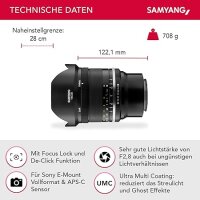 Samyang MF 14mm F2,8 MK2 Sony E – Weitwinkel Objektiv manueller Fokus für Vollformat und APS-C Festbrennweite Sony E Mount, 2. Generation A6300, A7 III, A7R III, A6400, A7R IV, A6100, A6600, A9 II