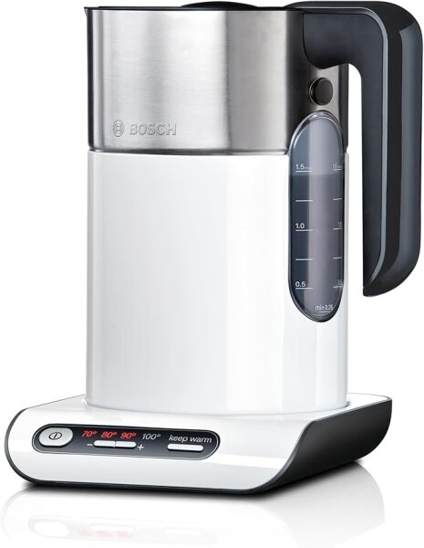 Bosch kabelloser Wasserkocher TWK8611P, Abschaltautomatik, Überhitzungsschutz, Temperaturwahl, Warmhaltefunktion, 1,5 L, 2400 W, weiß