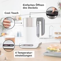 Bosch kabelloser Wasserkocher TWK8611P, Abschaltautomatik, Überhitzungsschutz, Temperaturwahl, Warmhaltefunktion, 1,5 L, 2400 W, weiß