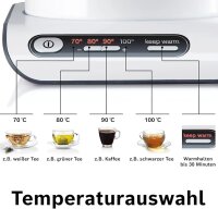 Bosch kabelloser Wasserkocher TWK8611P, Abschaltautomatik, Überhitzungsschutz, Temperaturwahl, Warmhaltefunktion, 1,5 L, 2400 W, weiß