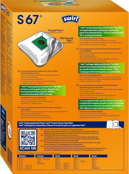 Swirl S 67 EcoPor Staubsaugerbeutel (4 Beutel), reißfeste Staubbeutel für einige Siemens & Bosch Staubsauger
