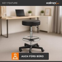 Walimex Rollhocker mit schwarzem Polstersitz, Höhenverstellbar & bis 120 kg belastbar, 65-87cm Sitzhöhe, 360° Drehbar, Bürohocker, Drehhocker