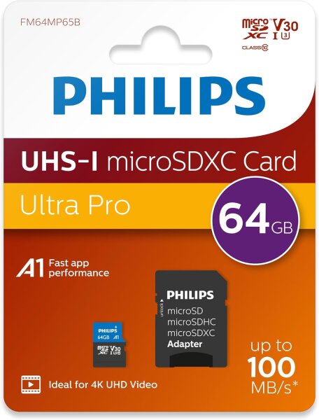 Philips MicroSDXC Card      64GB Class 10 UHS-I U3 incl. Adapter