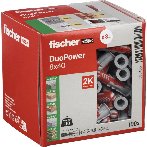 fischer DuoPower 8 x 40, Universaldübel, leistungsstarker 2-Komponenten-Dübel 100 St.