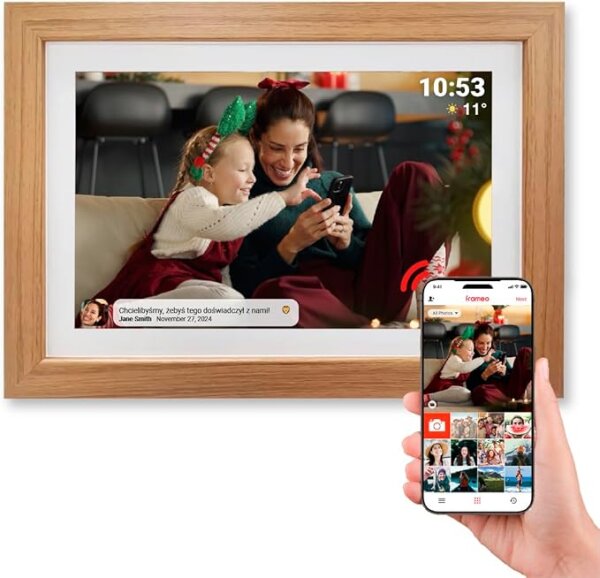 Denver PFF-1543LW Digitaler Wi-Fi Bilderrahmen – 15,6 Zoll Full HD IPS Touchscreen, Integrierte FRAMEO Software, Drahtloses Teilen, Timer-Funktion, Holzrahmen hell