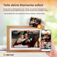 Denver PFF-1543LW Digitaler Wi-Fi Bilderrahmen – 15,6 Zoll Full HD IPS Touchscreen, Integrierte FRAMEO Software, Drahtloses Teilen, Timer-Funktion, Holzrahmen hell
