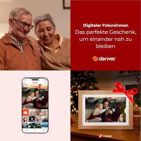 Denver PFF-1543LW Digitaler Wi-Fi Bilderrahmen – 15,6 Zoll Full HD IPS Touchscreen, Integrierte FRAMEO Software, Drahtloses Teilen, Timer-Funktion, Holzrahmen hell