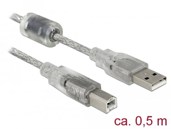 Delock Kabel USB 2.0 Typ-A Stecker > USB 2.0 Typ-B Stecker 0,5 m transparent