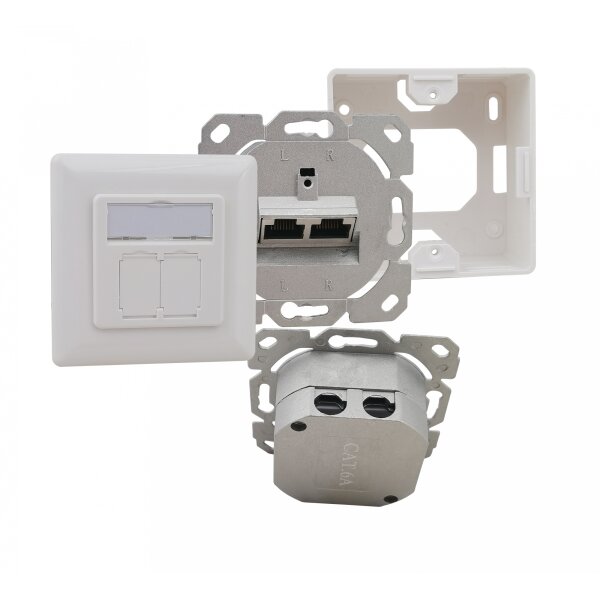 helos Cat.6a LSA Netzwerkdose designfähig UP+AP 2-fach vertikal reinweiß