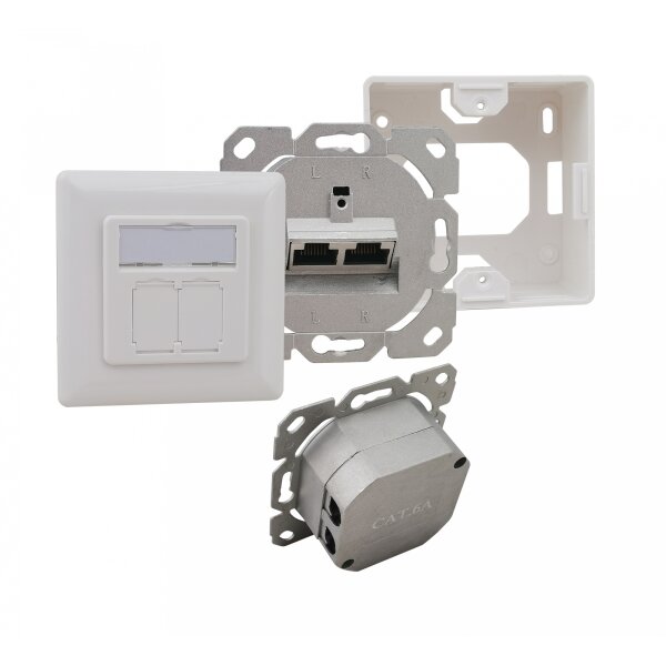 helos Cat.6a LSA Netzwerkdose designfähig UP+AP 2-fach horizontal reinweiß