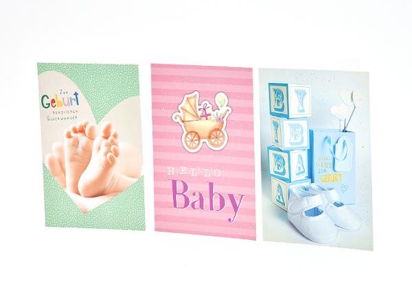 Ereigniskarte zur Geburt - 100 Stück - 3 Motive - 11,5 x 17,5 cm