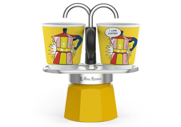 Bialetti Espressokocher Set Mini Express Lichtenstein + 2 Espressobecher