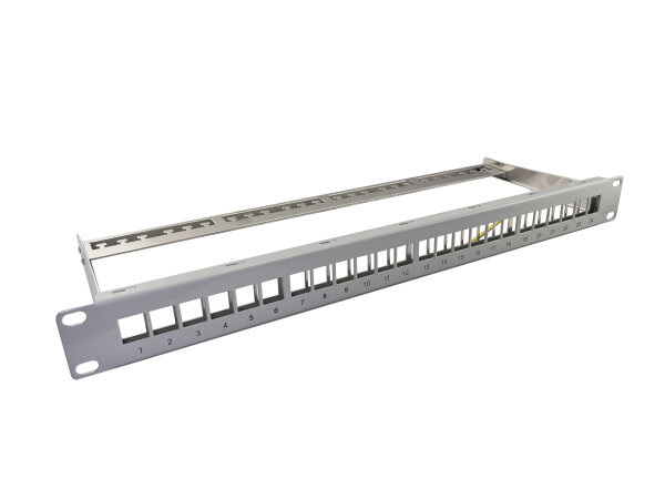 helos Keystone - 19“ Modulträger 1 HE 24 Port, Entlastungsschiene, grau