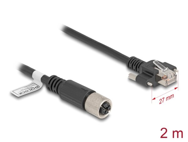 Delock M12 Kabel X-kodiert 8 Pin Buchse zu RJ45 Stecker Cat.6A S/FTP 2 m schwarz