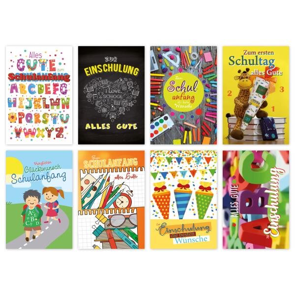 Schulanfangskarte - 100 Stück - 8 Motive - 11,5 x 17,5 cm